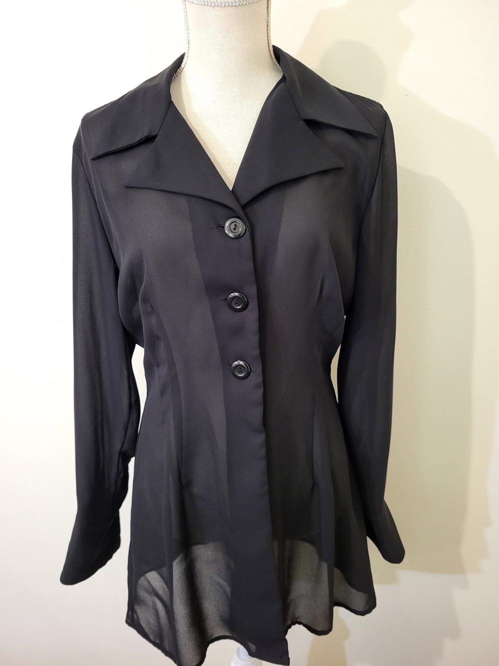 VTG Black Button-Front Long Sleeve Sheer Blouse Whimsigoth Sultry Dark
